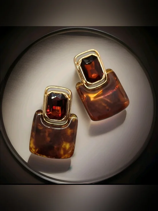 Vintage Retro Large Crystal Rootbeer Geometric Doorknocker Gold Drop Earrings - Picture 4 of 14